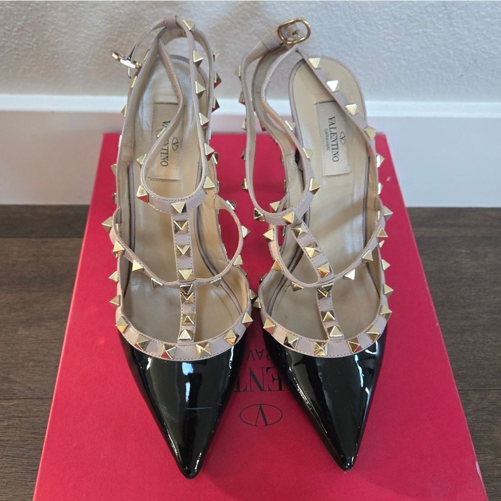 Valentino Garavani Black Patent Rockstud T-Strap Pumps with Nude Straps